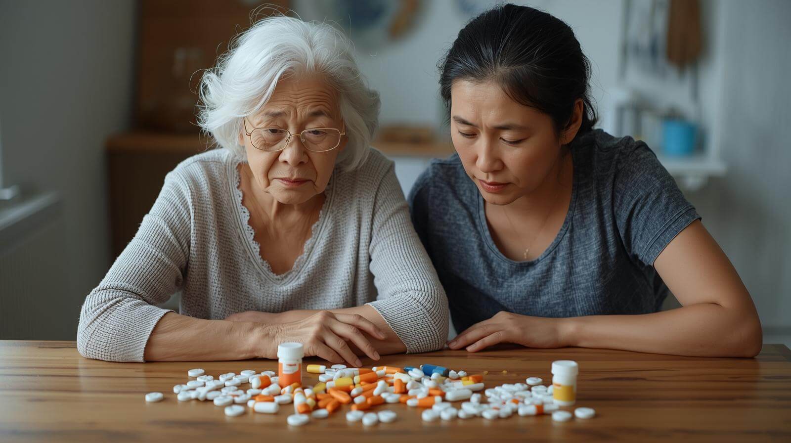 Mature Positive Woman Patient Sitting and Talking to Young Woman Doctor